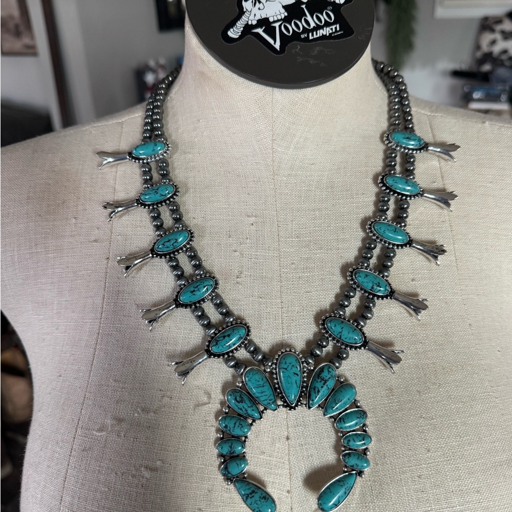 Turquoise Statement Squash Blossom Necklace -